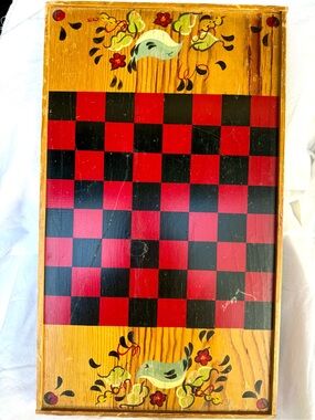 Vintage Handpainted Red and Black Wooden Checkerboard Game Set with bird motif